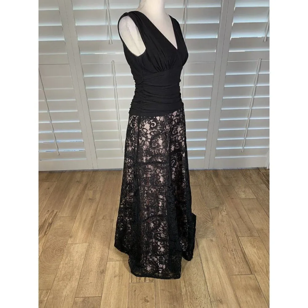 Y2K Black Evening Dress Retro Ruched Lace Skirt 6 Prom Formal SL Fashions Beauty